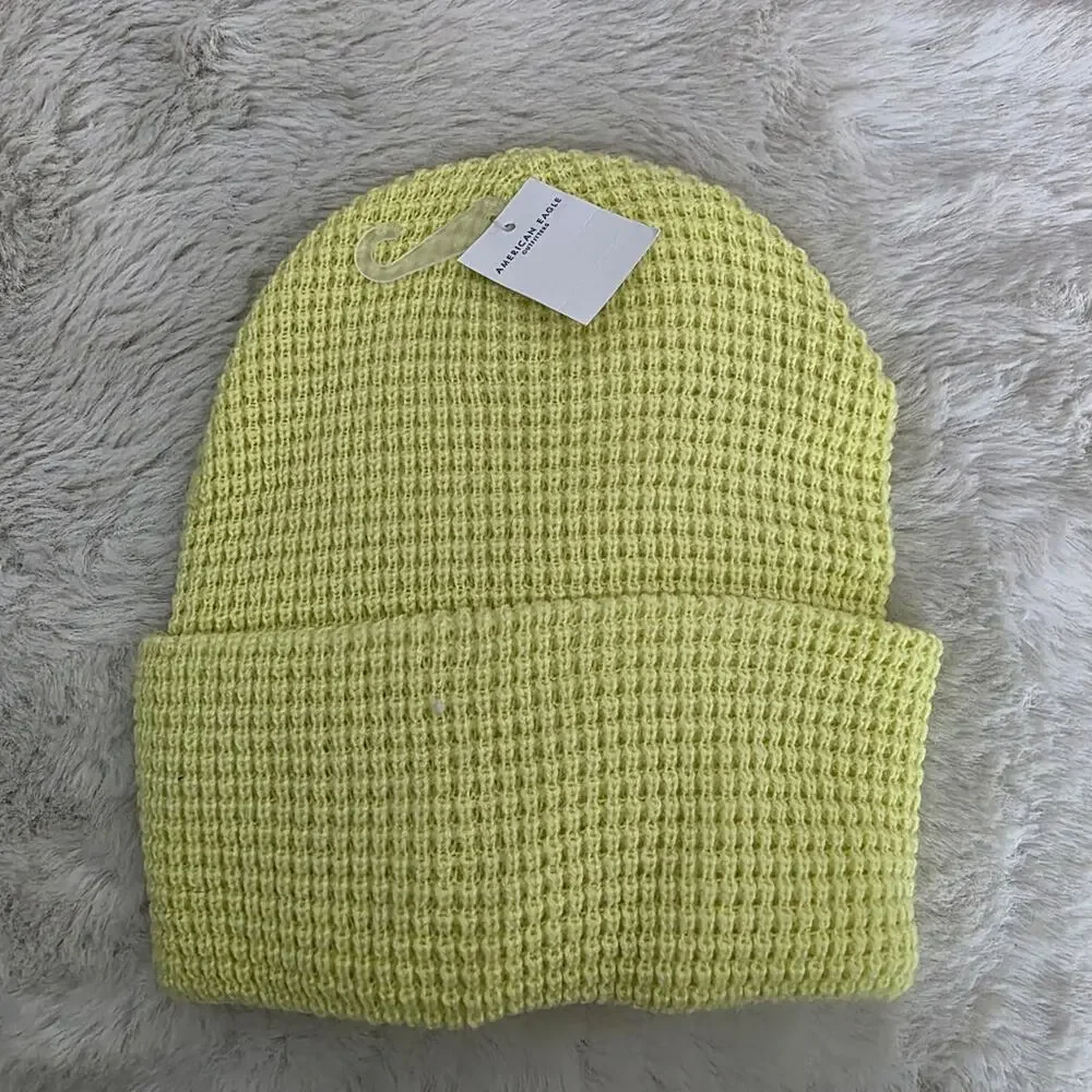 American Eagle Lime Yellow Waffle Knit Beanie NWT Green Unisex Winter Hat OS